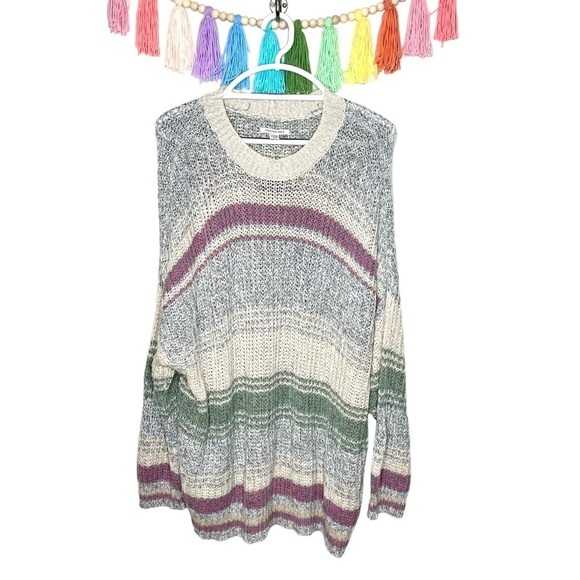 American Eagle Oversized Slouchy Knit Stripe Purple Blue Crewneck Sweater XL - Picture 2 of 14